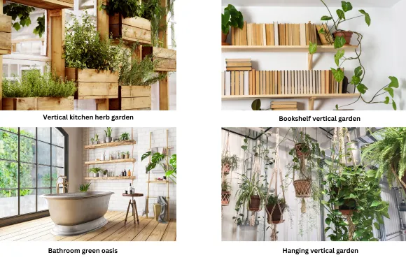 creative indoor vertical garden ideas including bathroom oasis, kitchen herb garden, bookshelf vertical garden and hanging vertical garden