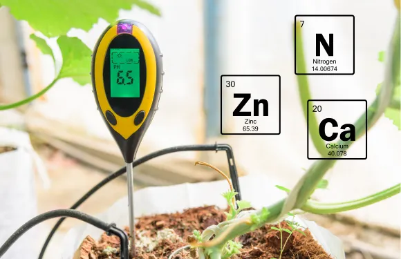 soil sensor measuring ph and three graphics for zinc, calcium and nitrogen