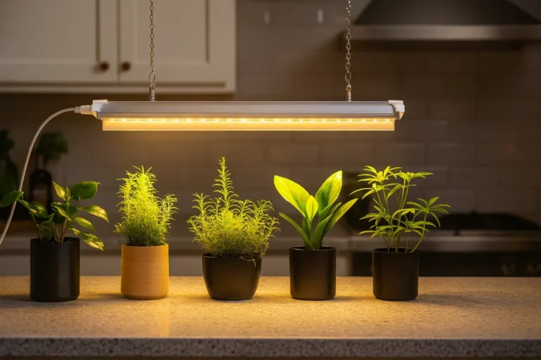 multiple plants on a kitchen counter under a grow light for plants