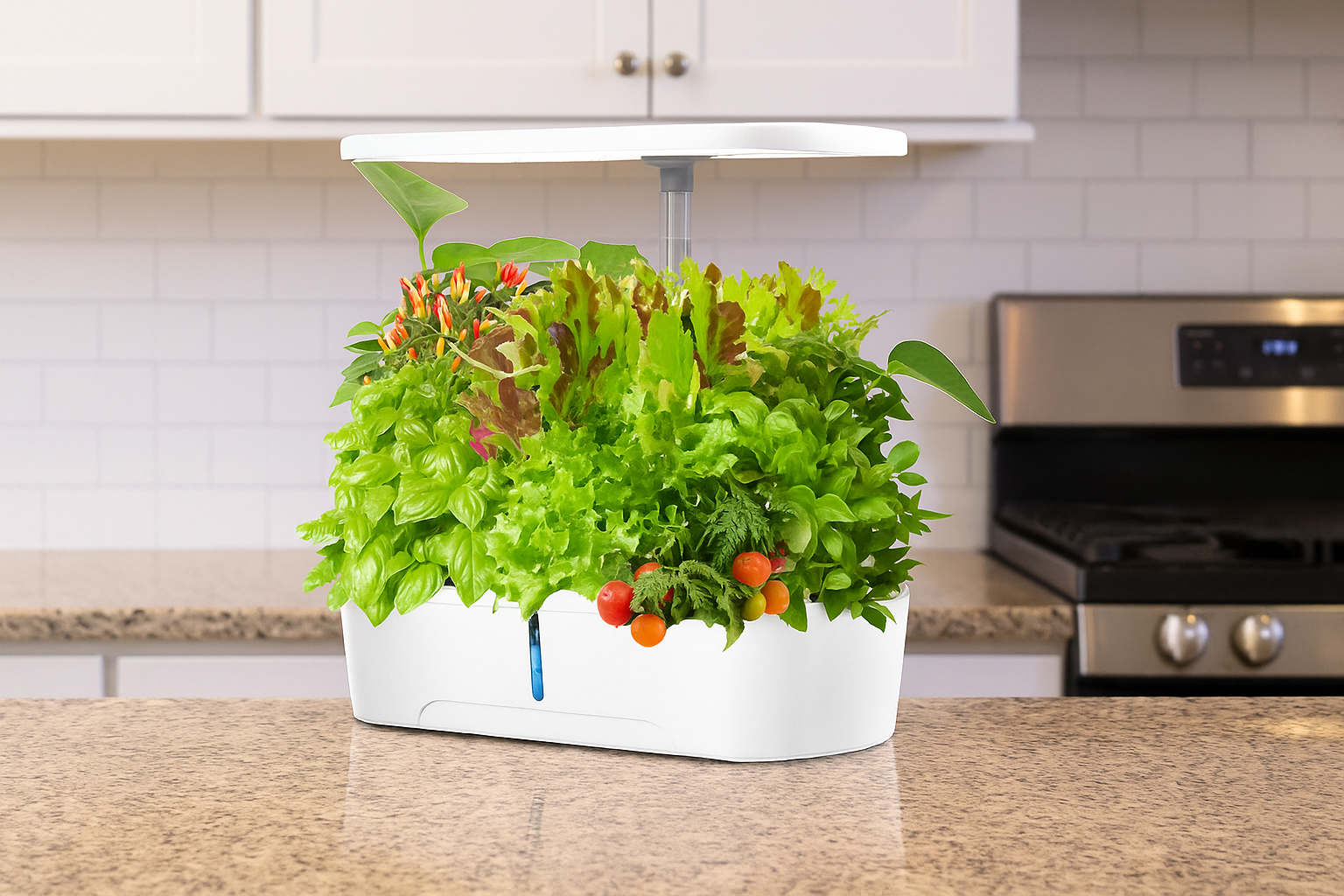 best hydroponic indoor garden on a kitchen counter with greens and vegetables