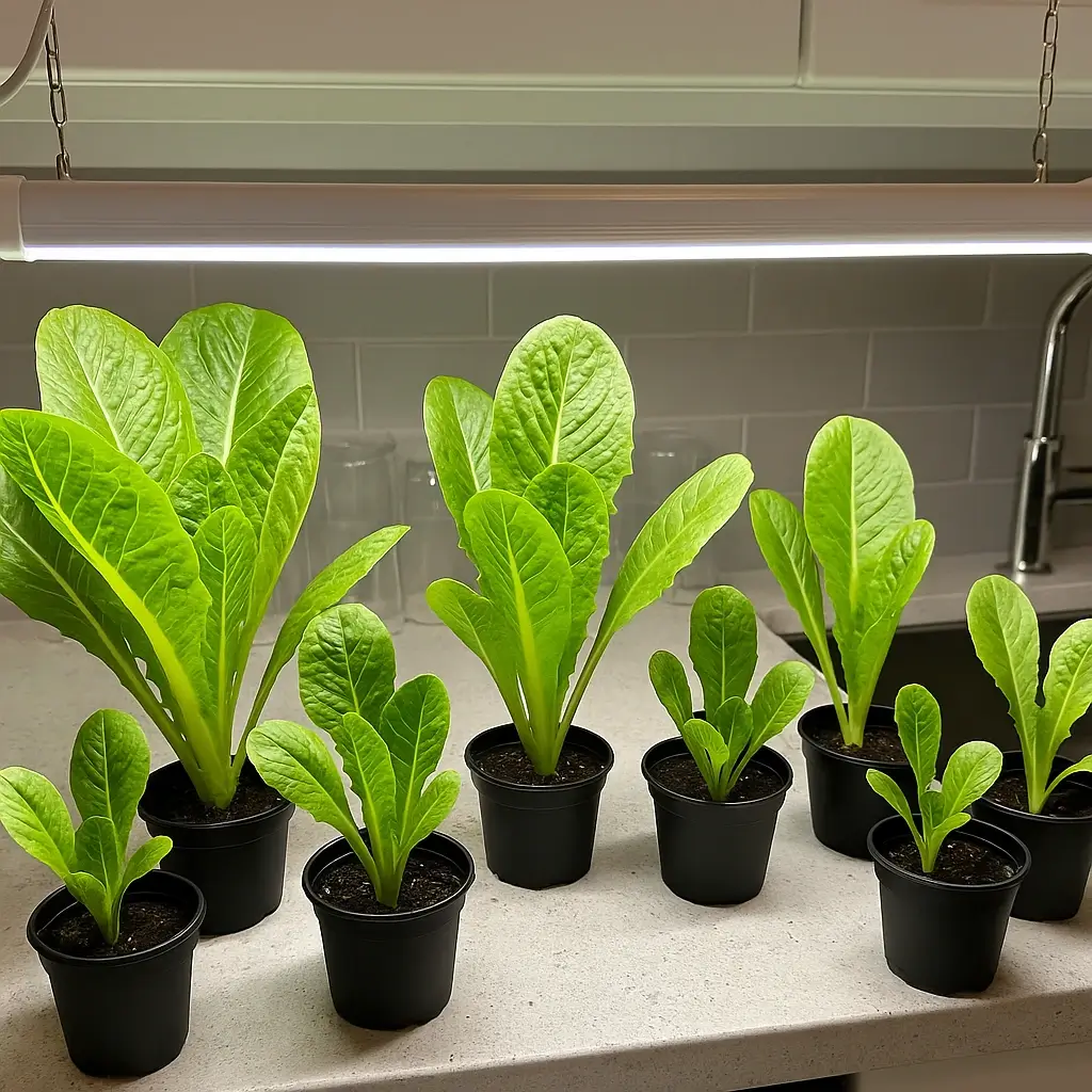 romaine lettuce under grow lights for plants on a kitchen counter